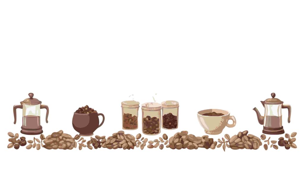 Assorted Coffee Cups & Beans on a Decorative Border, vector design Generative AI