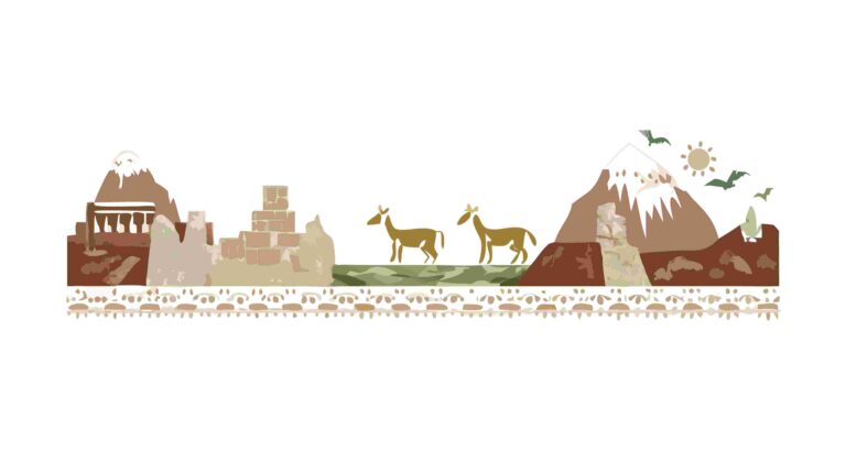 Desert Landscape Border with Ancient Ruins & Animals, vector design Generative AI