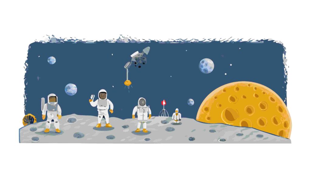 Astronauts & Lunar Rover on Moon Surface Space Scene, vector design Generative AI