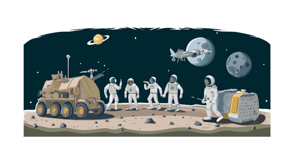 Sci-Fi Moon Base with Astronauts & Advanced Vehicles, vector design Generative AI