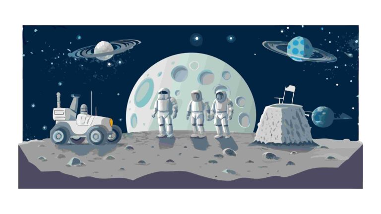 Lunar Exploration Mission with Astronauts & Moon Rover, vector design Generative AI