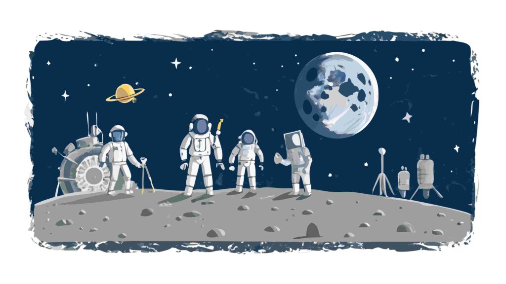 Astronauts Standing on Moon Surface with Earth View, vector design Generative AI