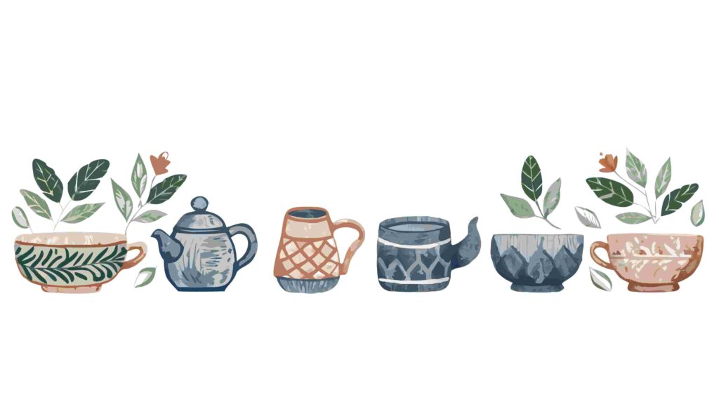 Assorted Teacups and Small Potted Plants Border Art, vector design Generative AI