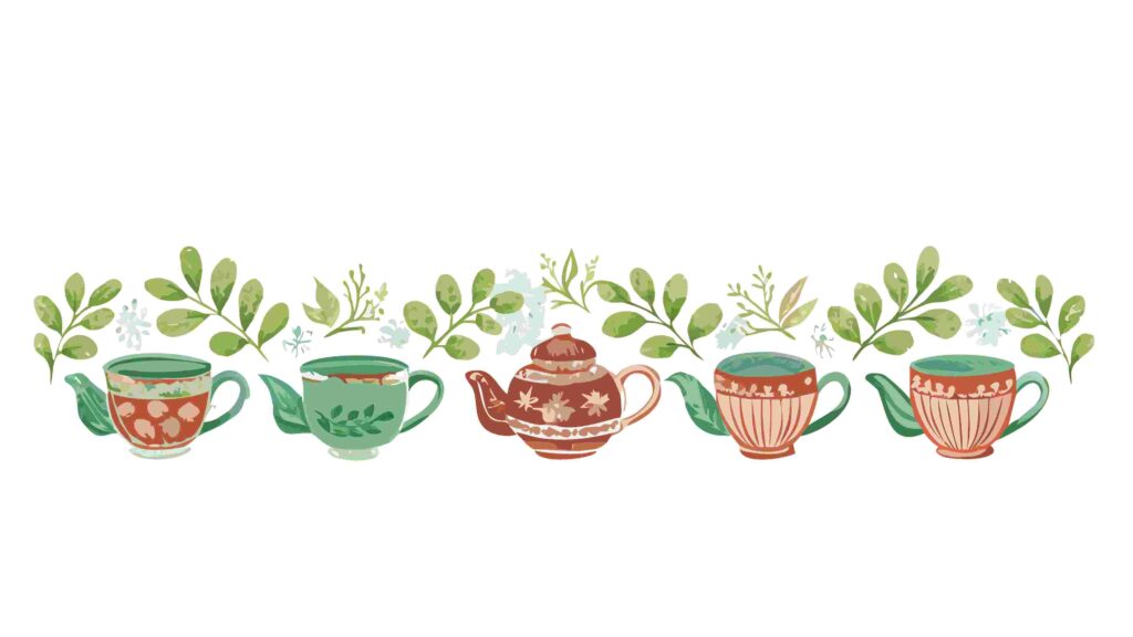 Quaint Teapots & Green Leaf Garland Decorative Border, vector design Generative AI