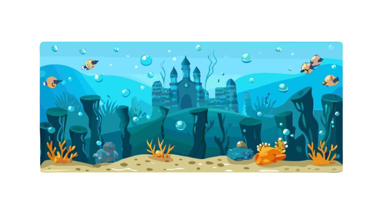 Underwater Castle & Coral Reef Marine Life Scene, vector design Generative AI