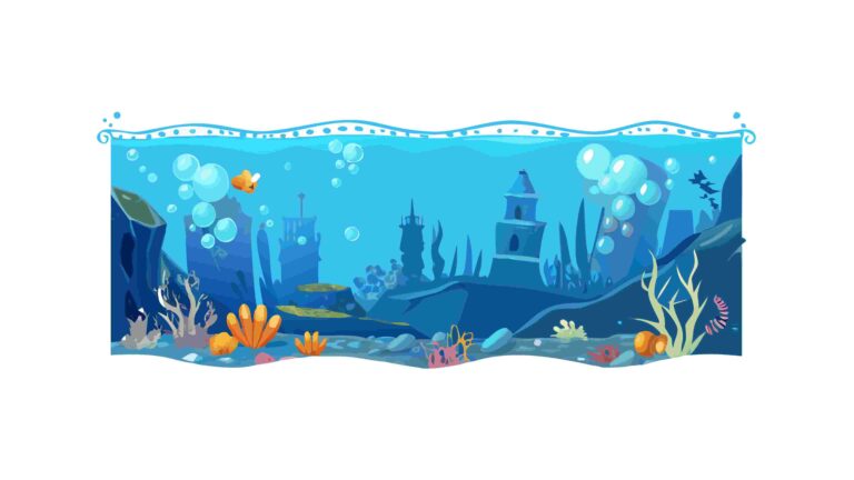 Deep Sea Abyss with Glowing Fish & Submerged Wreck, vector design Generative AI