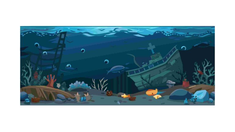 Sunken Shipwreck on Ocean Floor with Marine Life, vector design Generative AI