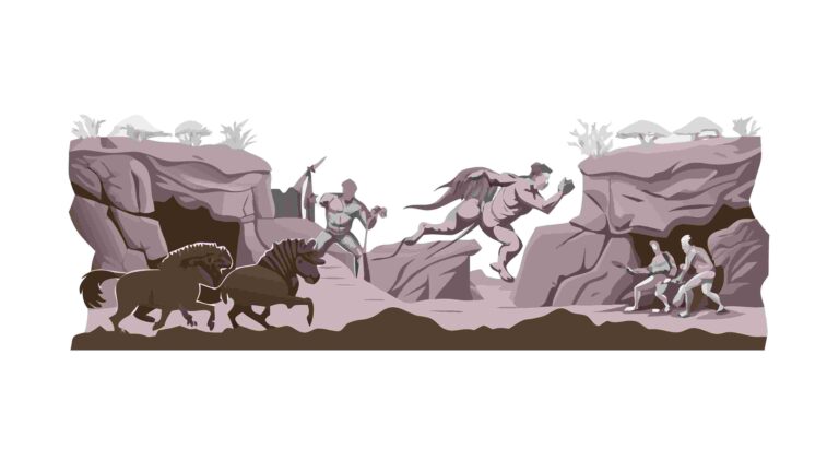 Mythical Creatures in Dynamic Battle Scene Border, vector design Generative AI