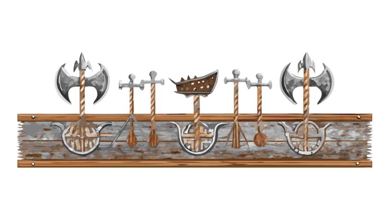 Ancient Barbarian Axe Weapons & Wooden Rack Border, vector design Generative AI