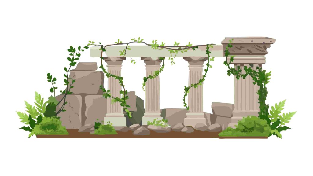 Ancient Stone Arch Ruins with Lush Greenery Border, vector design Generative AI