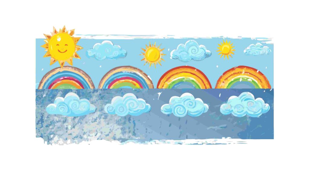 Cheerful Sunny Day with Rainbows & Fluffy Clouds, vector design Generative AI