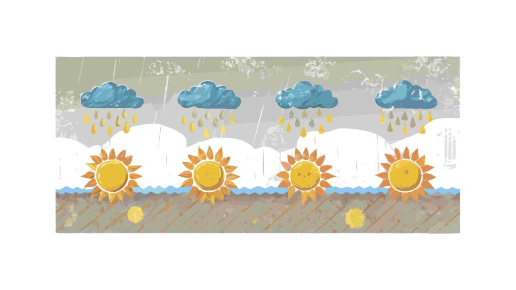 Sunny Day with Rain Clouds and Droplets Border, vector design Generative AI