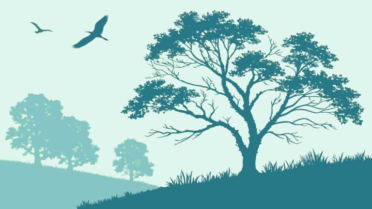 Blue Landscape with Lone Tree and Birds Vector Art, vector design Generative AI