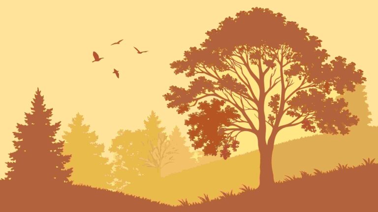 Scenic Autumn Landscape with Sun and Flying Birds, vector design Generative AI