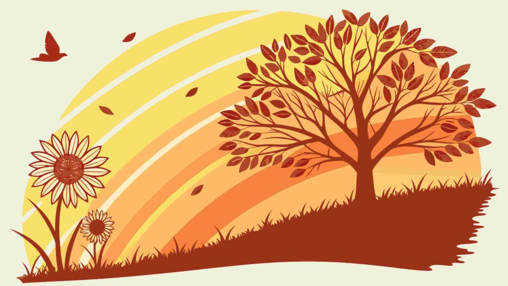 Autumn Rainbow Landscape with Tree and Falling Leaves, vector design Generative AI