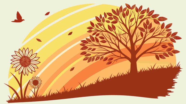 Autumn Rainbow Landscape with Tree and Falling Leaves, vector design Generative AI