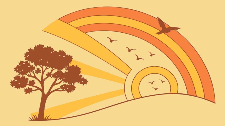 Sunny Rainbow Landscape with Birds and Tree Vector, vector design Generative AI