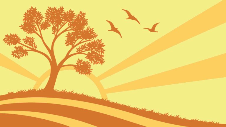 Golden Landscape Silhouette with Sun Rays and Tree, vector design Generative AI