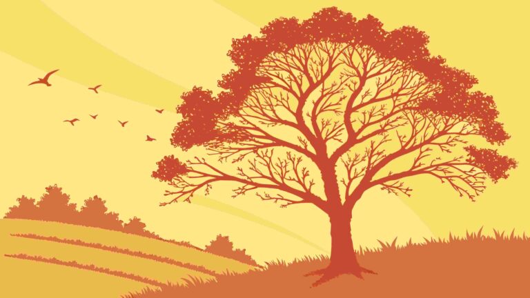 Scenic Orange Landscape with Prominent Tree Silhouette, vector design Generative AI