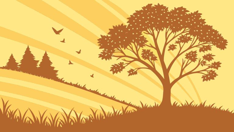 Serene Sunset Landscape with Tree Silhouette and Birds, vector design Generative AI