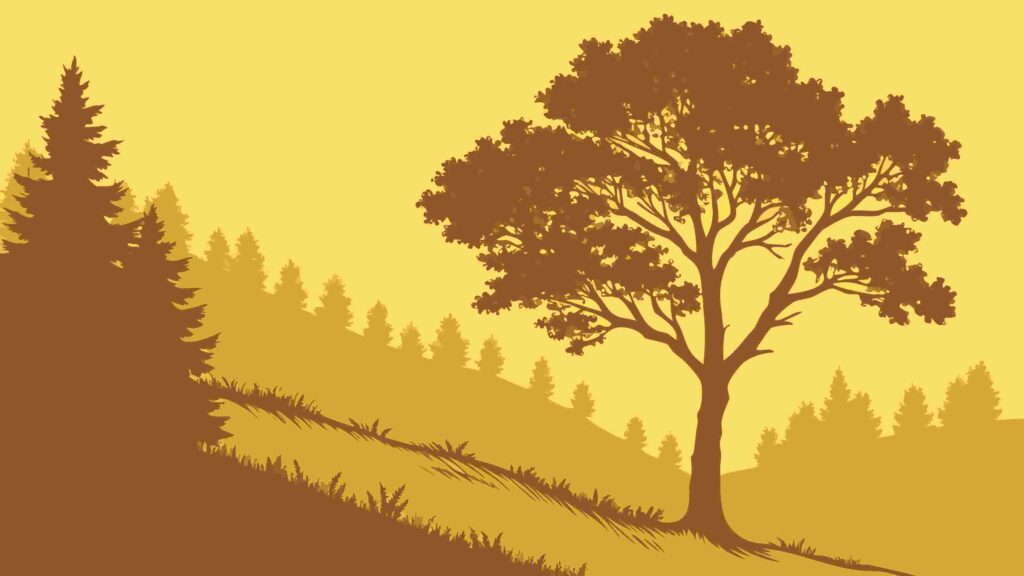 Forest Landscape with Majestic Tree Silhouette in Warm Tones, vector design Generative AI