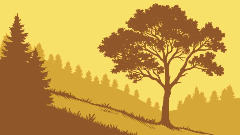 Forest Landscape with Majestic Tree Silhouette in Warm Tones, vector design Generative AI