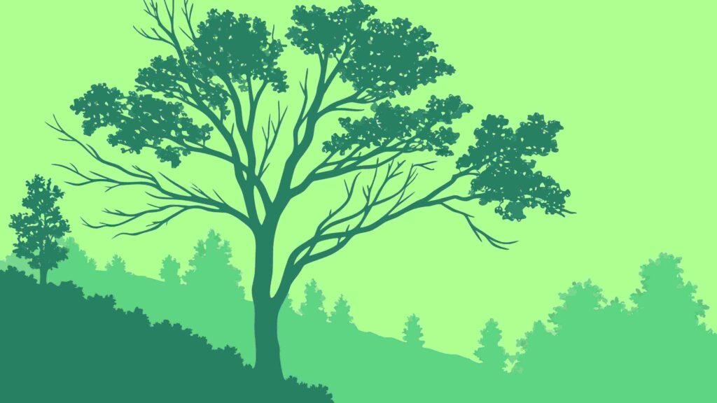Green Forest Landscape with Majestic Tree Silhouette, vector design Generative AI