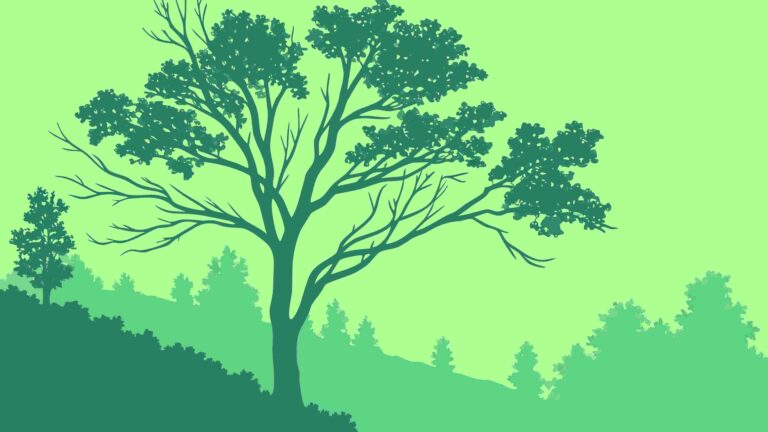 Green Forest Landscape with Majestic Tree Silhouette, vector design Generative AI