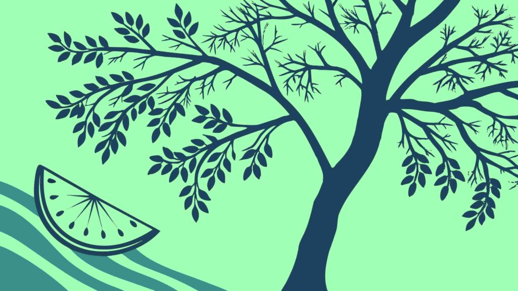 Green Landscape with Artistic Tree and Lemon Slice, vector design Generative AI