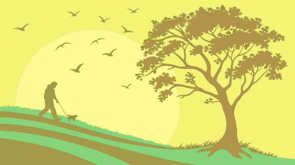 Tranquil Landscape Silhouette with Lone Walker and Majestic Tree, vector design Generative AI