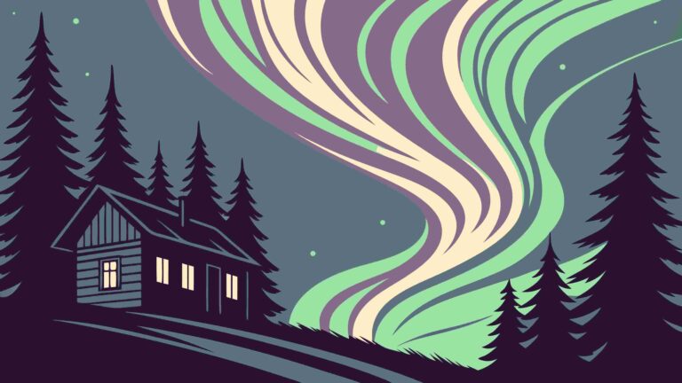 Cozy House Under Northern Lights, Tranquil Winter Landscape Vector, vector design Generative AI