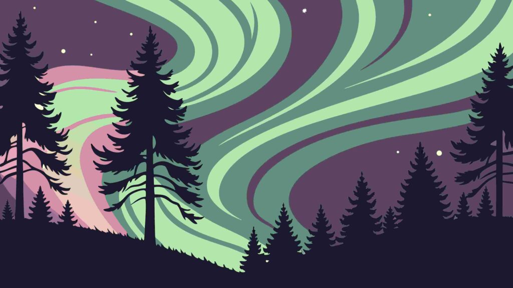 Stunning Northern Lights over Pine Forest, Mystical Nature Vector Scene, vector design Generative AI