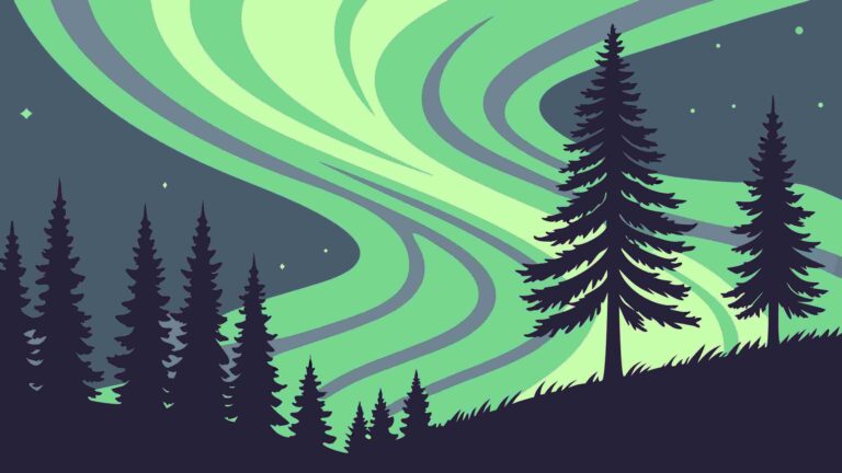 Enchanting Northern Lights Above a Dark Forest, Ethereal Vector Landscape, vector design Generative AI