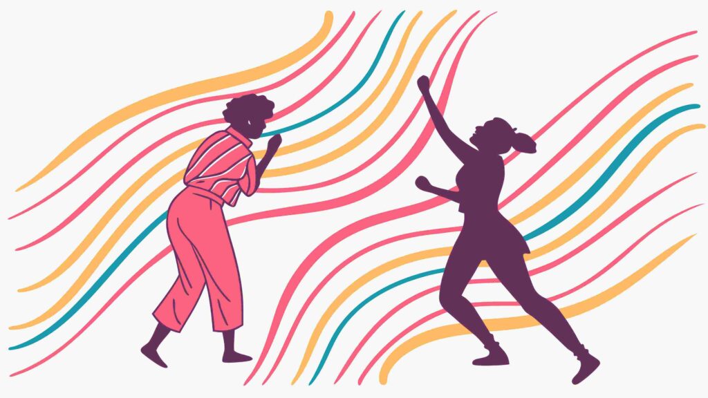 Dancing Silhouettes with Colorful Wavy Lines, vector design Generative AI