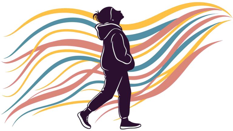 Person Walking with VR Headset and Abstract Environment, vector design Generative AI