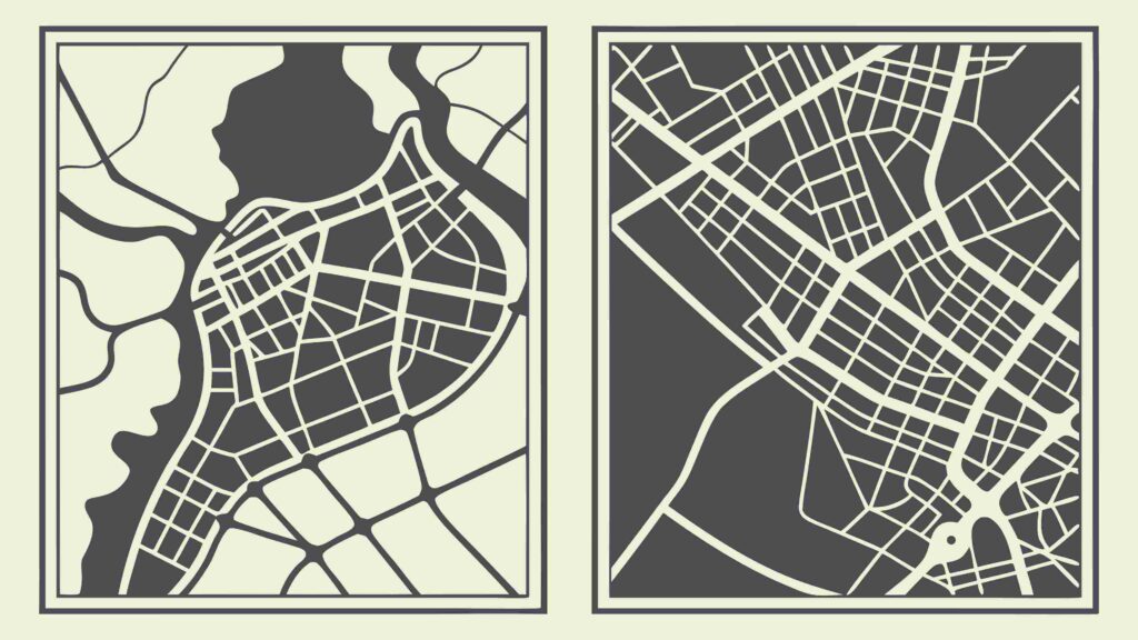 Set of Two City Map Abstract Designs, Urban Planning, vector design Generative AI