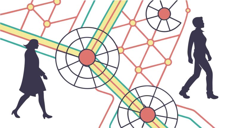 People Walking on Abstract Interconnected Grid, Connectivity, vector design Generative AI