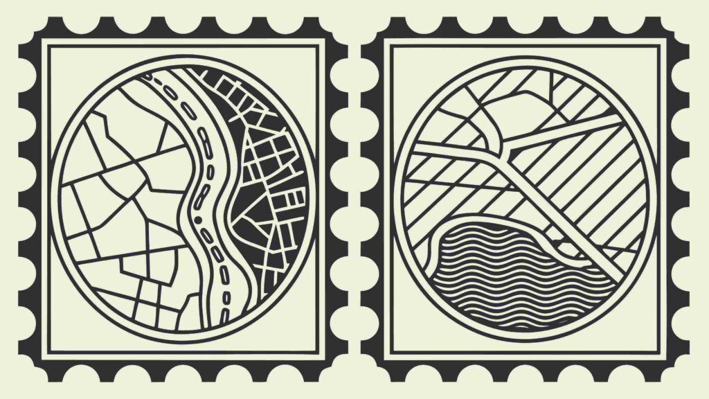 Vintage Postage Stamps with Abstract Urban Patterns, vector design Generative AI
