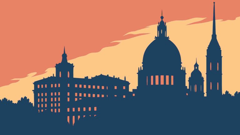 Majestic European City Silhouette with Cathedral, vector design Generative AI