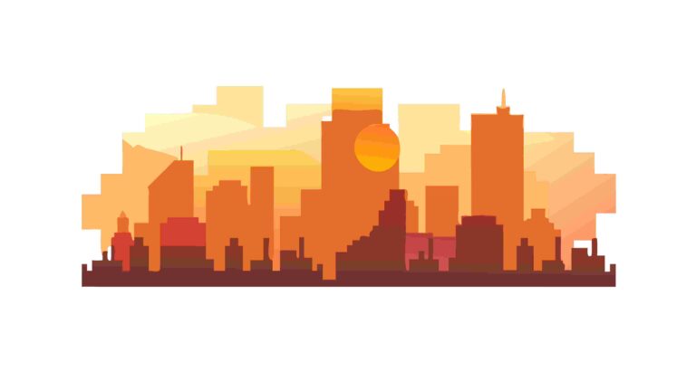 Vibrant Cityscape at Golden Hour Sunset, Urban Silhouette, vector design Generative AI