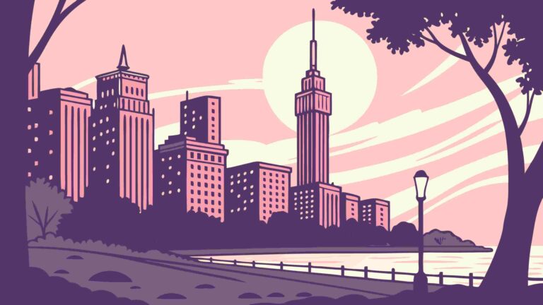 Peaceful City Park with Skyline at Dusk, Vector Scene, vector design Generative AI