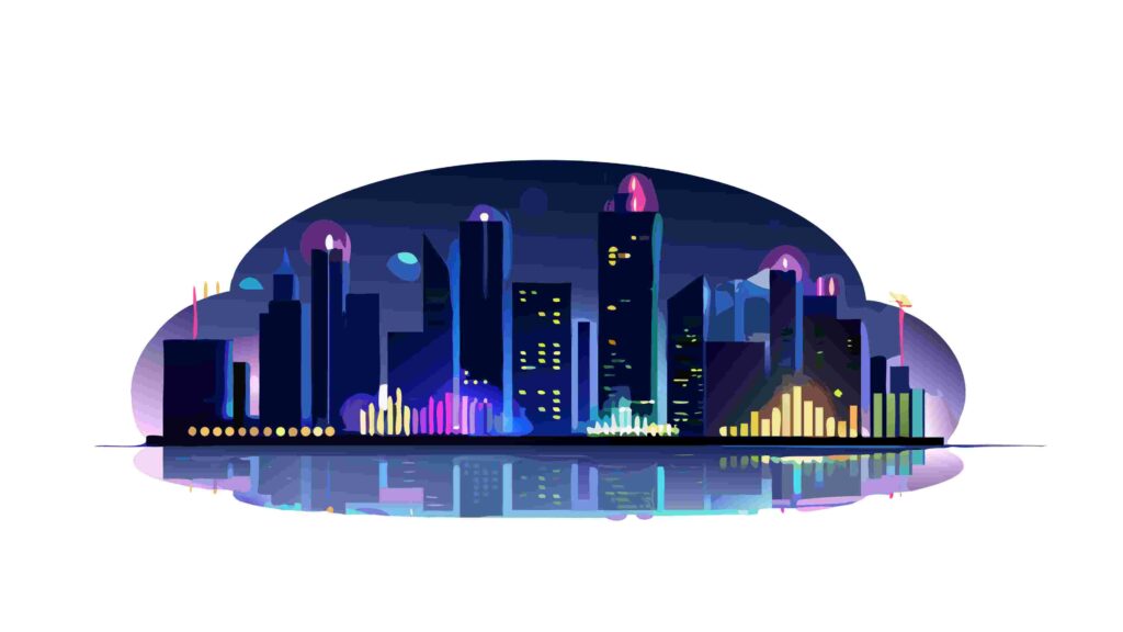 Futuristic Cityscape at Night with Colorful Lights, vector design Generative AI