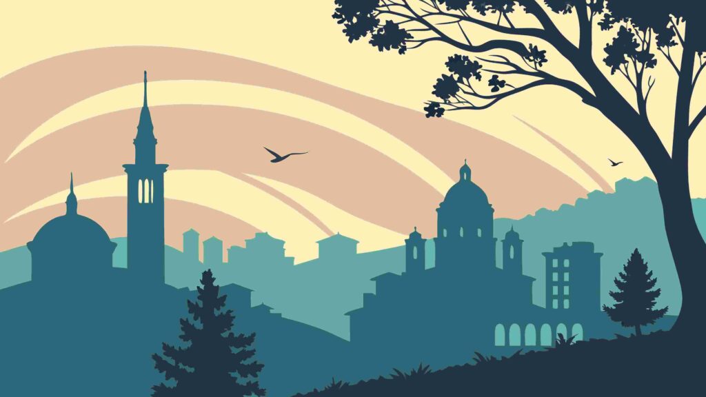 Serene Landscape with Historic Cityscape in Distance, vector design Generative AI