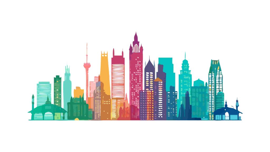 Colorful Modern City Skyline, Urban Life Illustration, vector design Generative AI