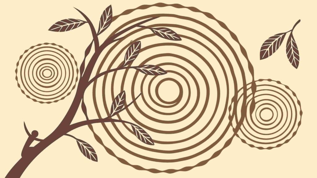 Abstract Tree with Wood Grain Rings and Leaves, Organic Art, vector design Generative AI